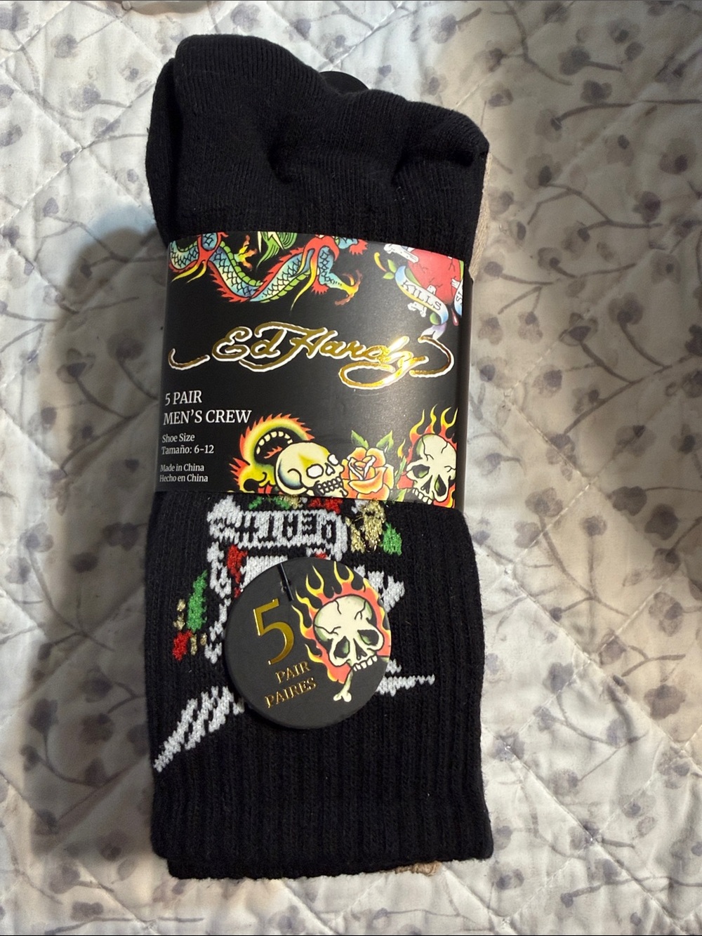 Ed Hardy Black Crew Socks with Multicolor Tattoo Graphics - 5 Pair